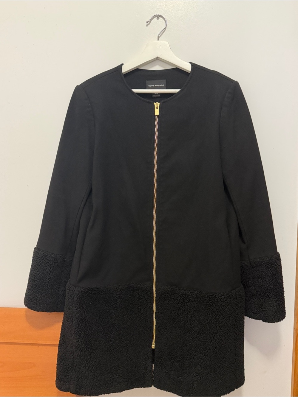 Club Monaco Black Coat with Gold Zip and Teddy Trim
